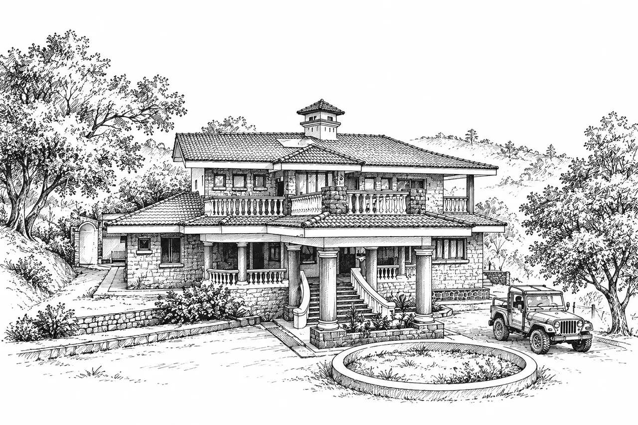 Pen-and-ink sketch of The Cliffhanger villa